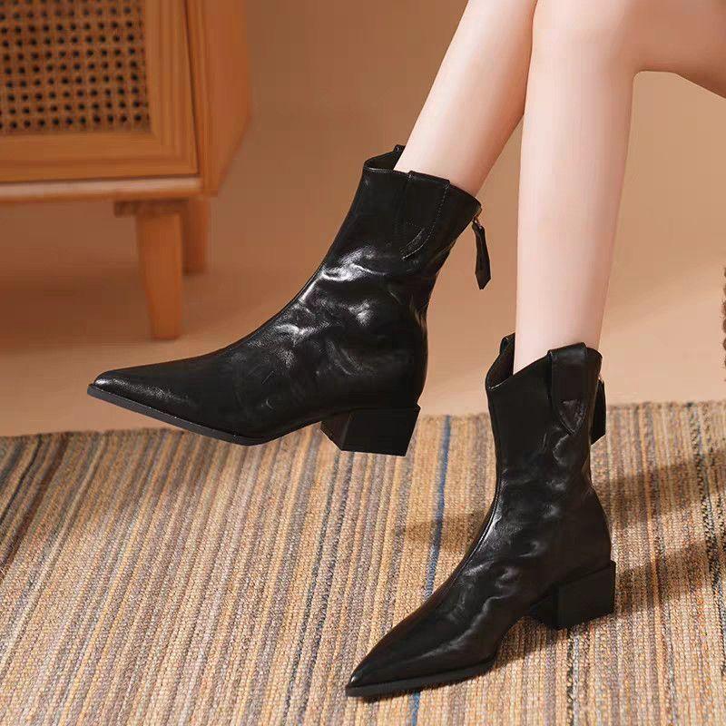 Fashion Versatile Pointed Temperament Coarse Heel Women's Short Boots 2025 Autumn and Winter New British Martin Boots Children