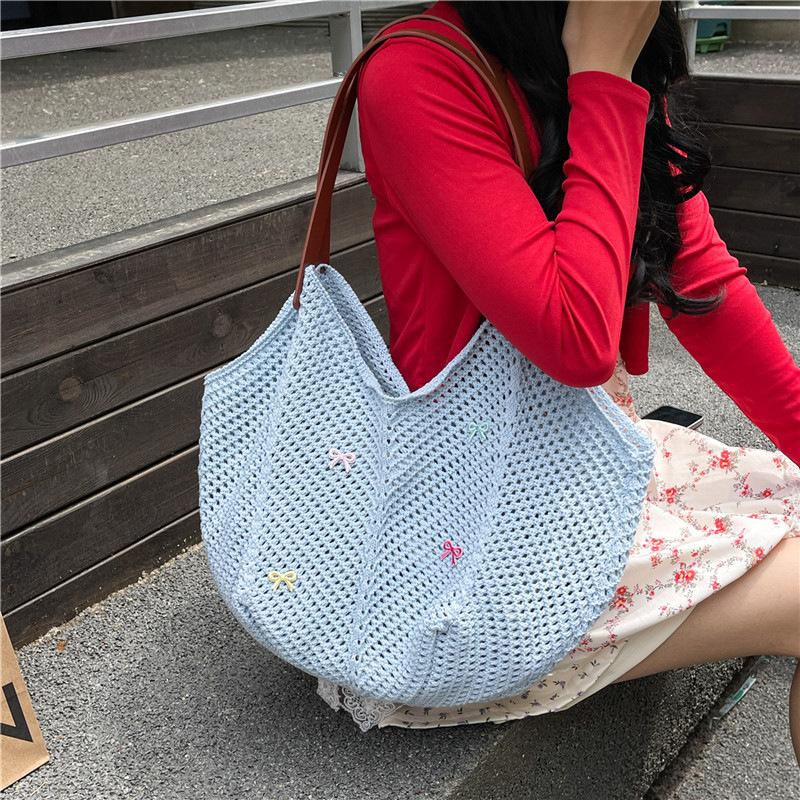 Summer bow knitted woven bag female 2026 new single shoulder shopping bag leisure vacati beach bag tote bag