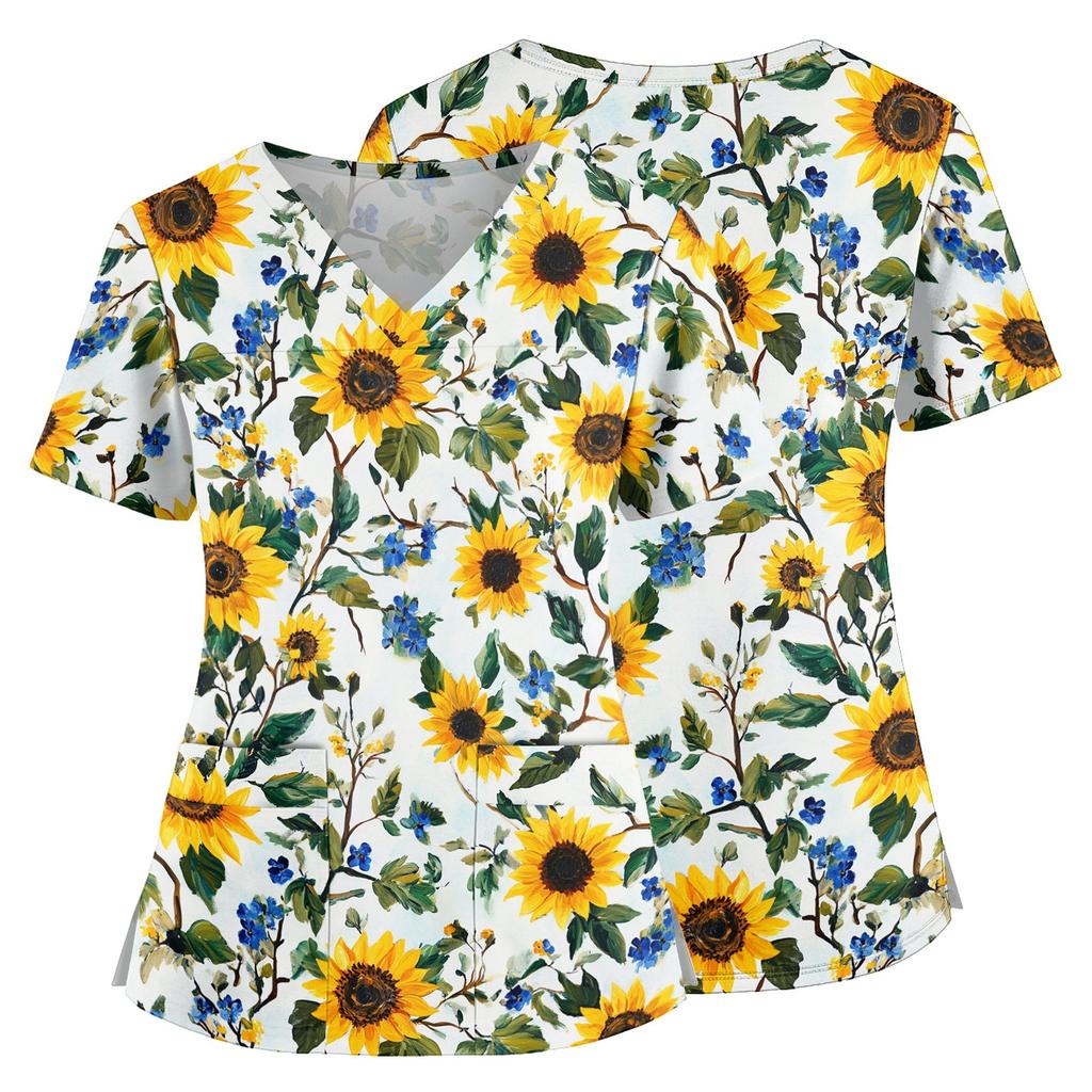 Floral Print V Neck Medical Scrub Top with Pockets Side Slits Short Sleeve Nurse Uniform Shirt for Women Comfortable Fit