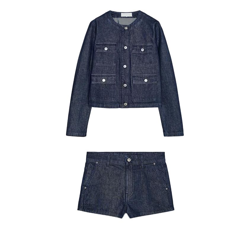 Spring New Women's Clothing Denim Shorts 6929001 Pocket round Neck Long Sleeves Denim Outwear 6929073