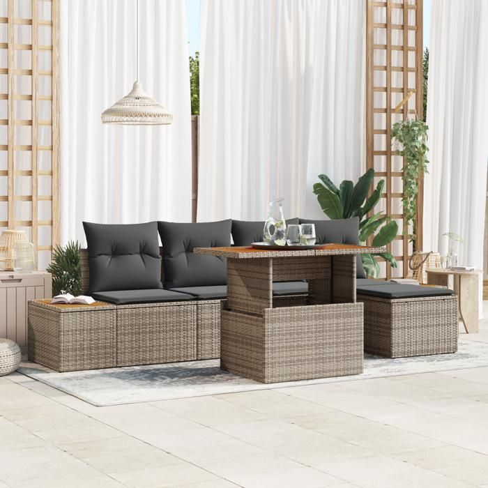 VidaXL Ensemble de salle à manger de jardin de 6 pièces avec coussins gris en poly rattan et acacia 3350061