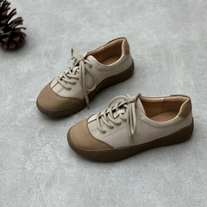 Johnature Handmade Genuine Leather Lace Up Casual Soft Soled Shoes Mixed Colors Women's Flat Shoes