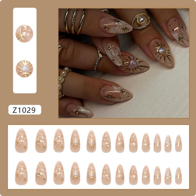 French Style Pink Flower Art Nail Patch Long Almond Fake Nails With Pearl Flower For Women Diy Manicure Accessories