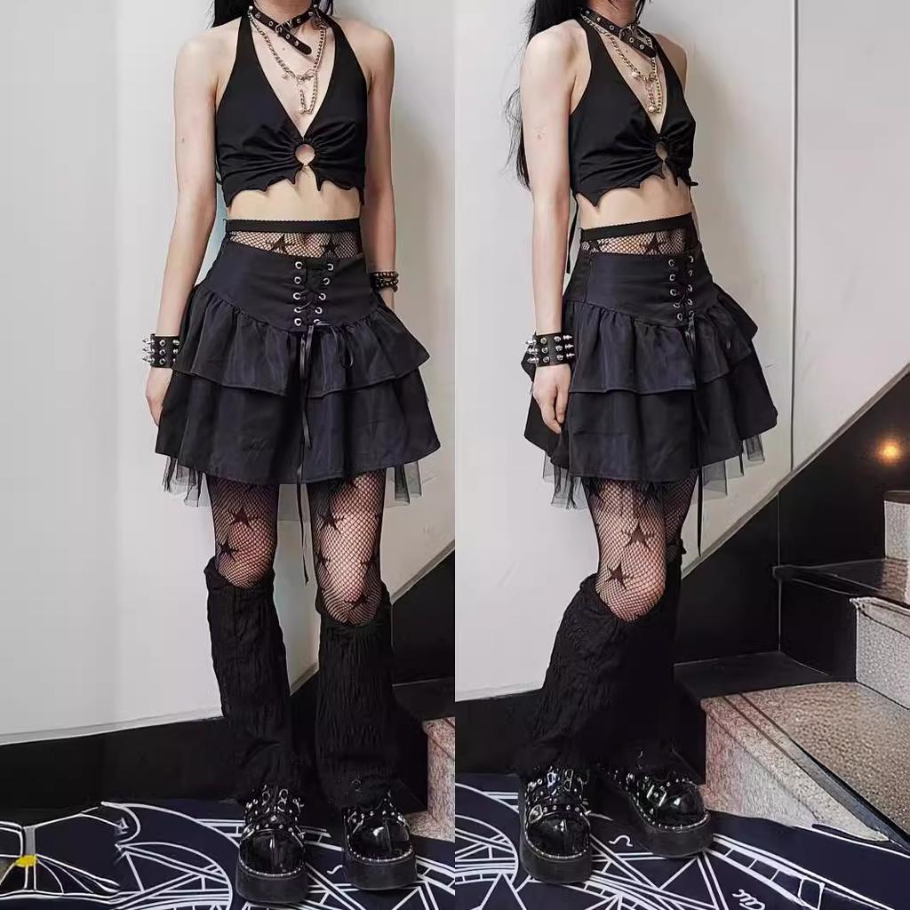 Women's Spring Autumn Ballet Style Puffy Casual Design-forward Slimming All-match Versatile Short Skirt Waist Mesh Petite Black Lace-Up JK Skirt