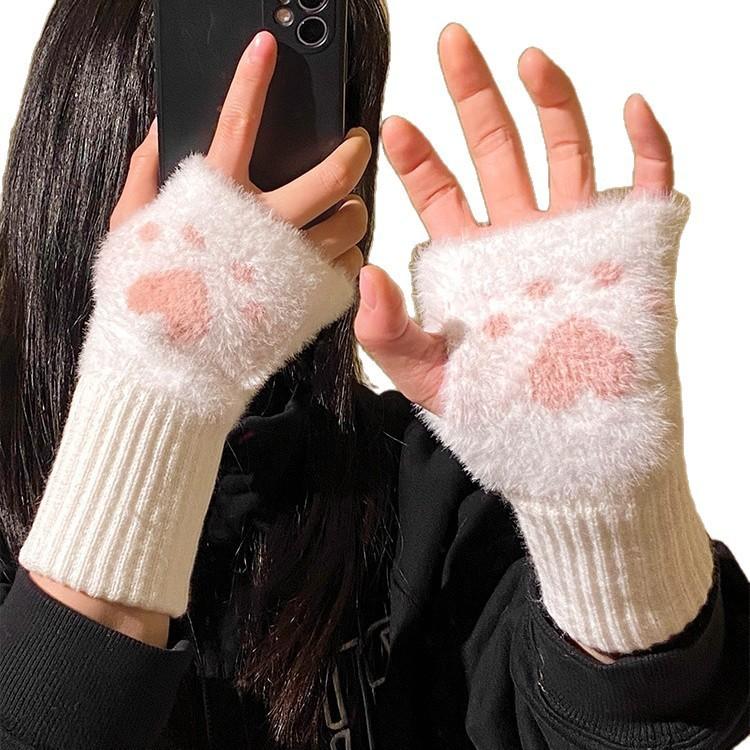 Cute Cat Claw Half Finger Plush Gloves for Women In New Autumn and Winter Plus Velvet Thickened Warm Wrist Protection for Touch Screen Writing