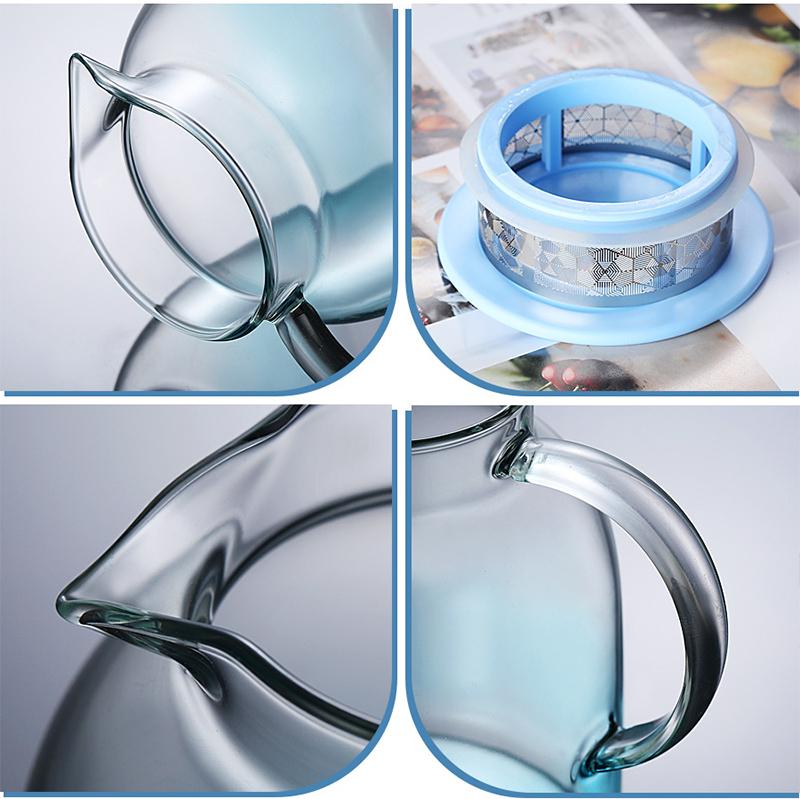 Creative color filter juice pot large volume gradient blue glass teapot household explosion-proof cool teapot cup holder set