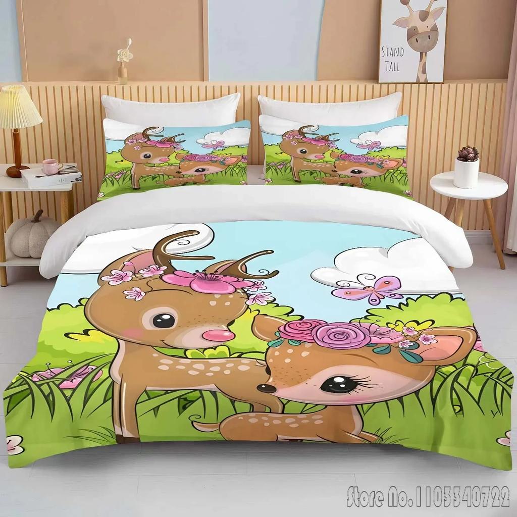 Miękki Zestaw Pościeli z Nadrukiem Bambi Poszwa na Kołdrę Anime Kołdra Dorosły Dzieci Prezent Urodzinowy Pełny Rozmiar King Size Zestaw Pościeli
