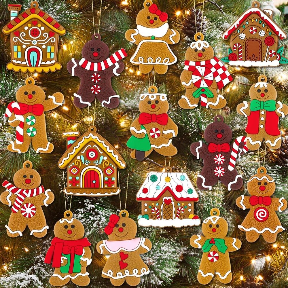 16pcs Gingerbread Man Ornaments for Christmas Tree Decorations with Gingerbreads House Ornament for Hanging Party Decor Xmas Tree Hanging Decor