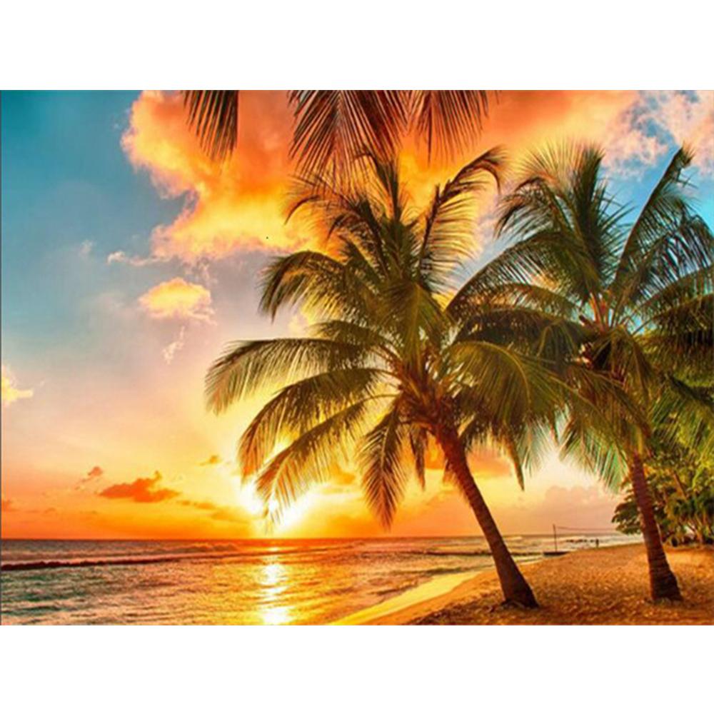 5D Full Square Diamond Painting Seaside Rhinestone Kit Diamond Embroidery Kit Landscape Coconut Tree Handicraft Wall Art