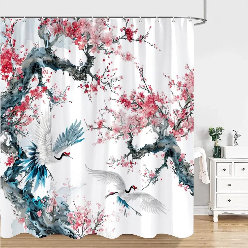 Chinese Japanese Ink Painting Shower Curtain Red Plum Blossom Art Painting Retro Style Polyester Shower Curtains Bathroom Decor