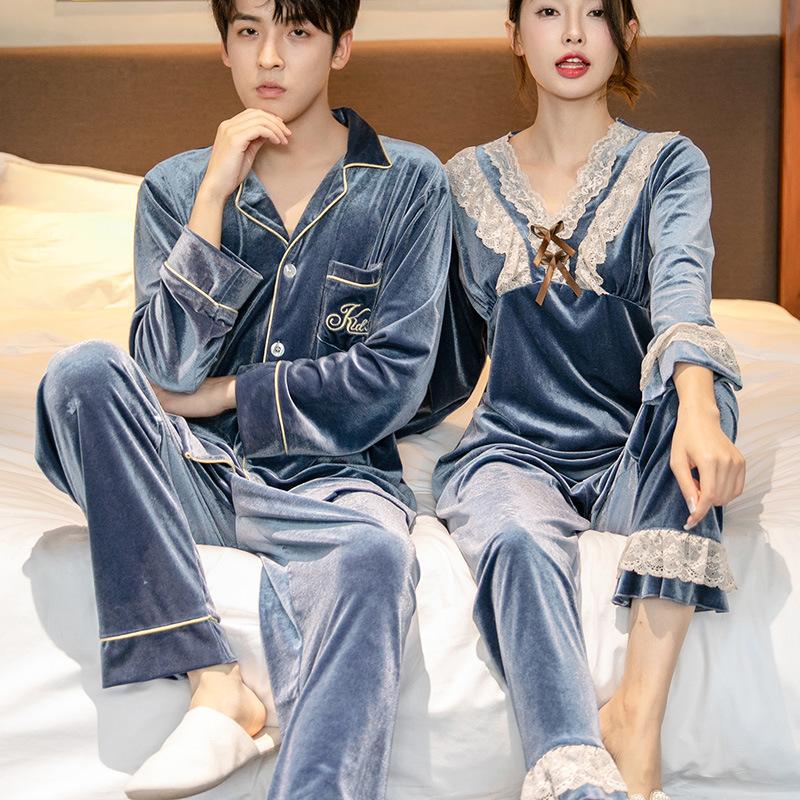 Couple red golden velvet pajamas autumn and winter wedding festive long-sleeved loungewear newlywed men's sense suit