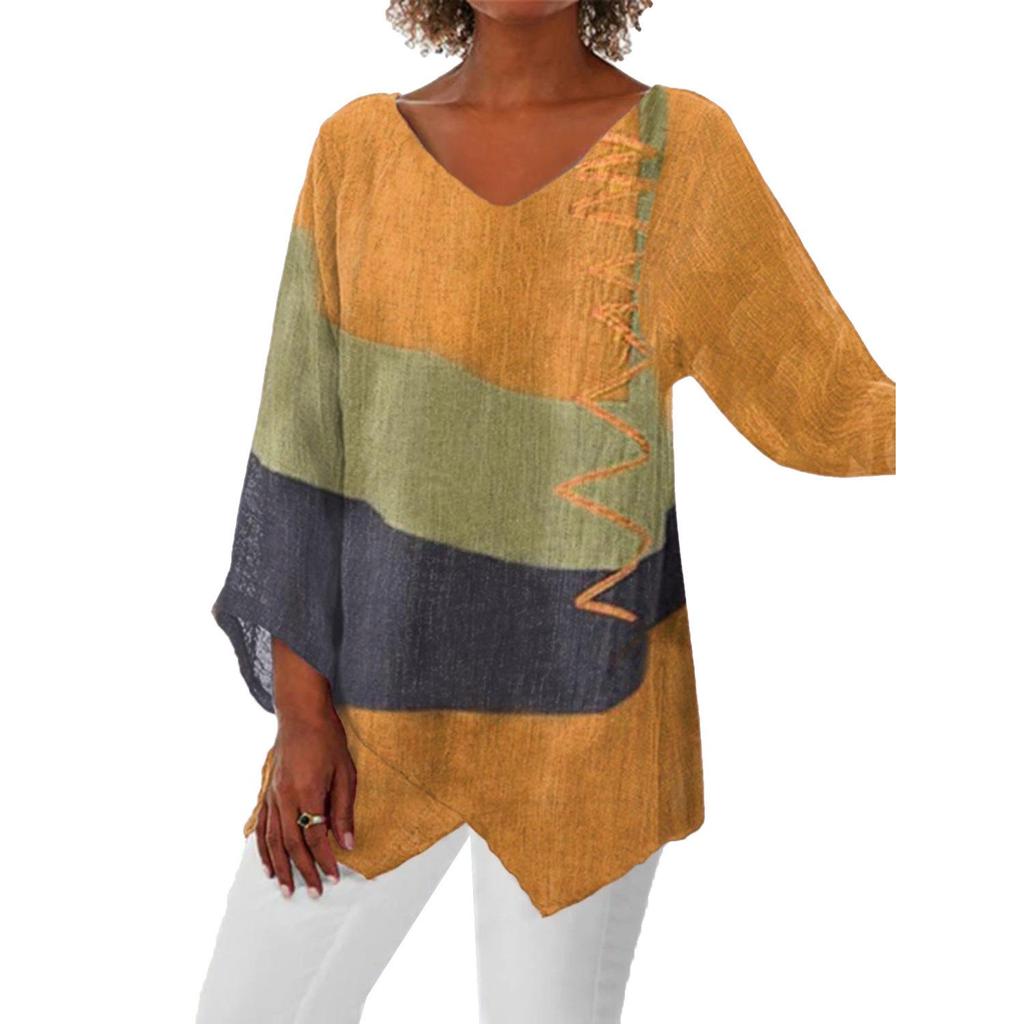 Top Retro Autunnale con Scollo a V e Stampa Artistica a Maniche Lunghe da Donna