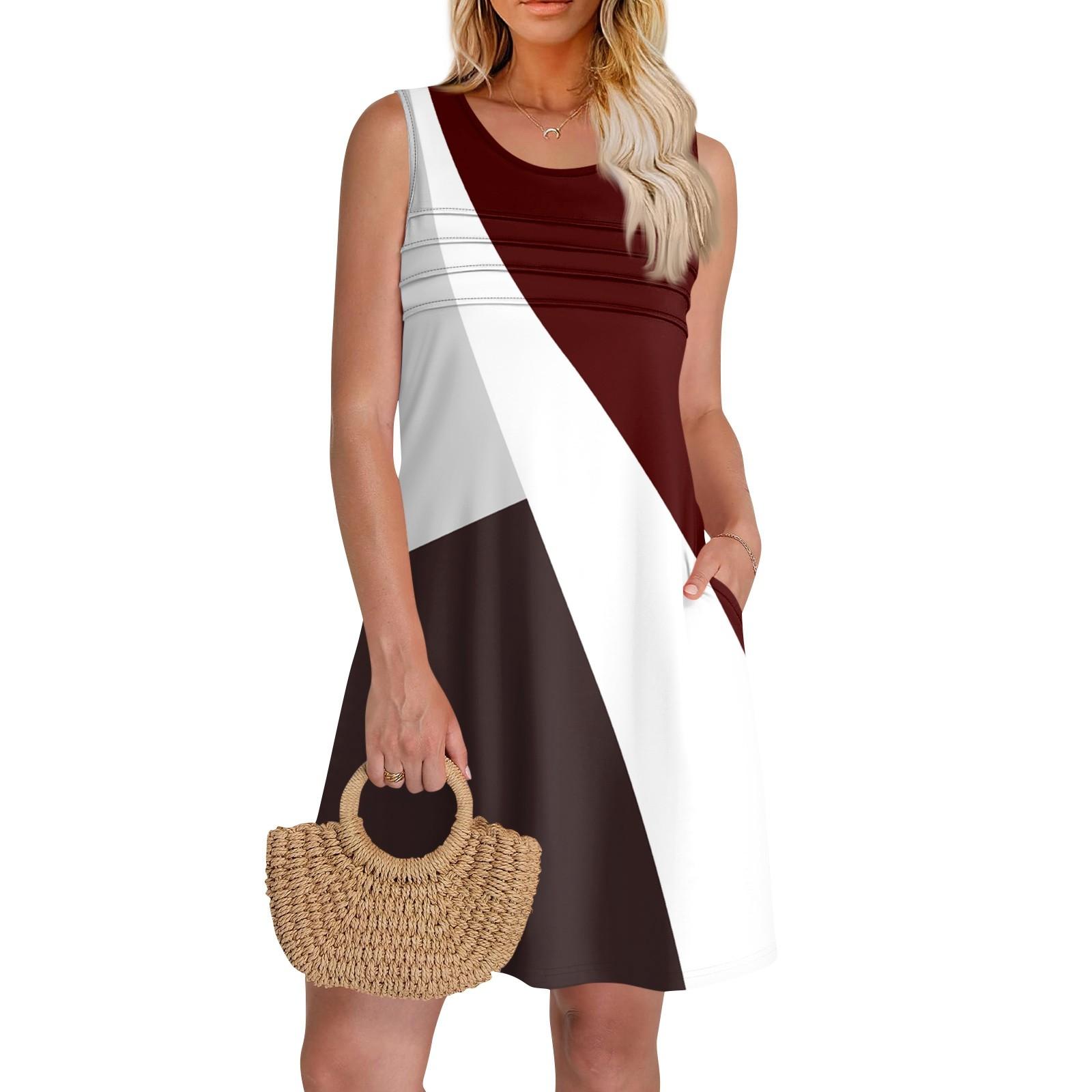 

Женские летние платья с круглым вырезом, плиссировкой спереди, без рукавов, карманами, сарафаном, повседневным платьем L винный