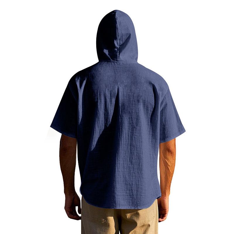 Summer Men's Lightweight Pocketed Breathable Linen Loose-Fit Hooded Cardigan Short-Sleeved Shirt