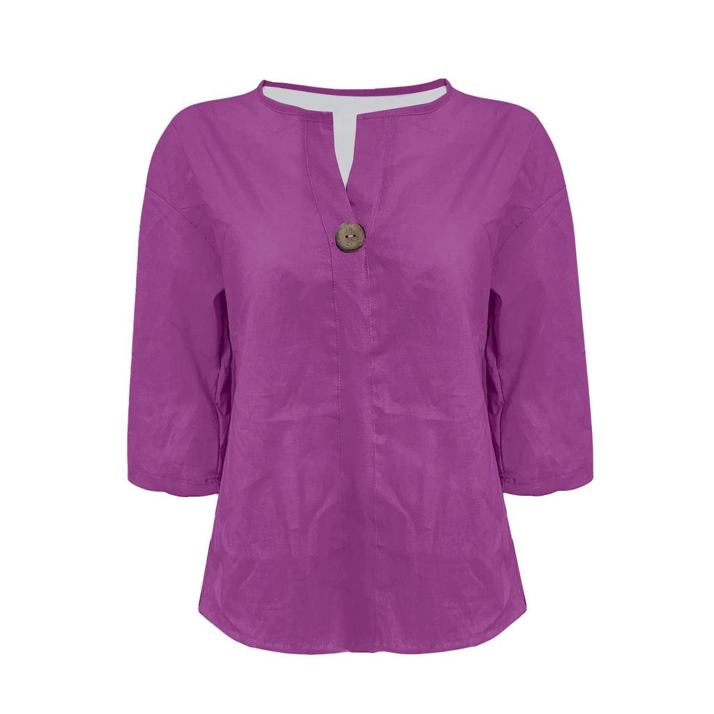 Été Nouveau T-shirt Ample Femme Col V Coton Chanvre Bouton Haut