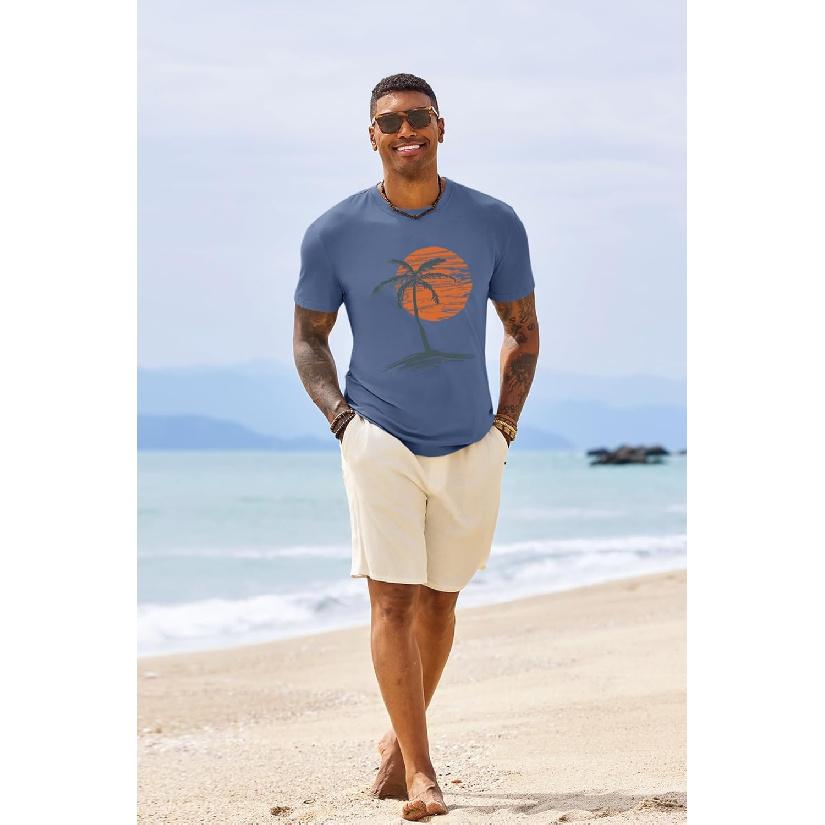 Runcati Mens Short Sleeve T-Shirts Graphic Crew Neck Shirt Printed Tees | Casual, Summer Beach, Sunset Palm Tree, Vintage Hawaiian Tees