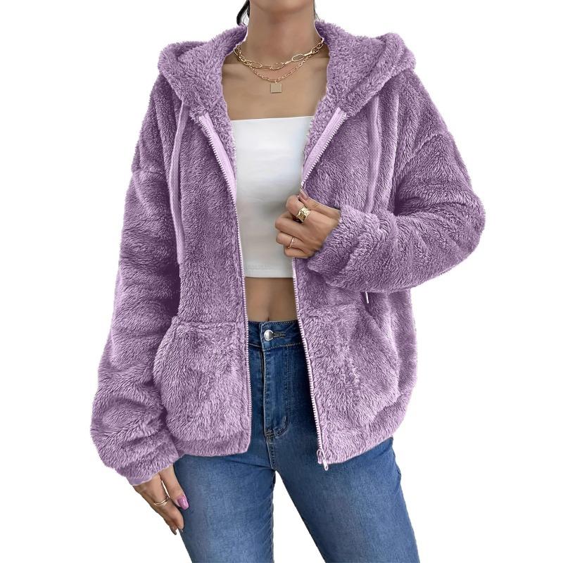 

Осенне-зимнее женское пальто, модное, больших размеров, однотонное, с карманами, с капюшоном, на молнии, кардиган, повседневная, свободная, плюшевая куртка S светло-фиолетовый