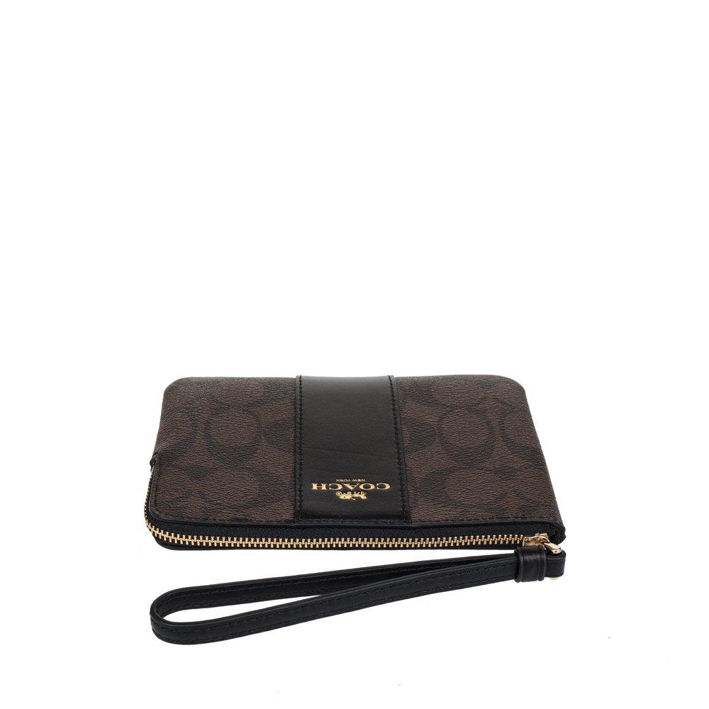 Coach F58035 Corner Zip Wristlet Signature Coated Canvas One Size Black Brown,