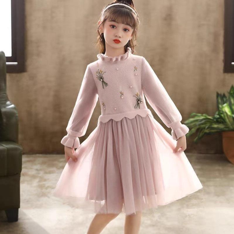 

Girls Pink-Purple Mesh Patchwork Dress with Embroidered Flowers 130 cm