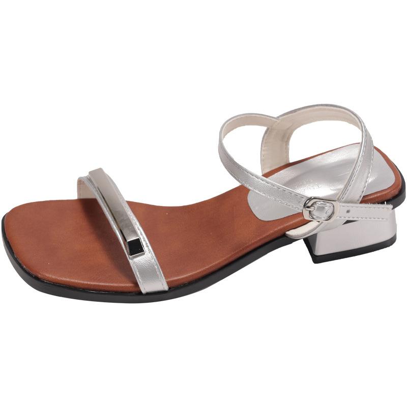 Fashion open-toed square heel with sandals women's 2025 summer new metal jewelry casual middle heel work shoes