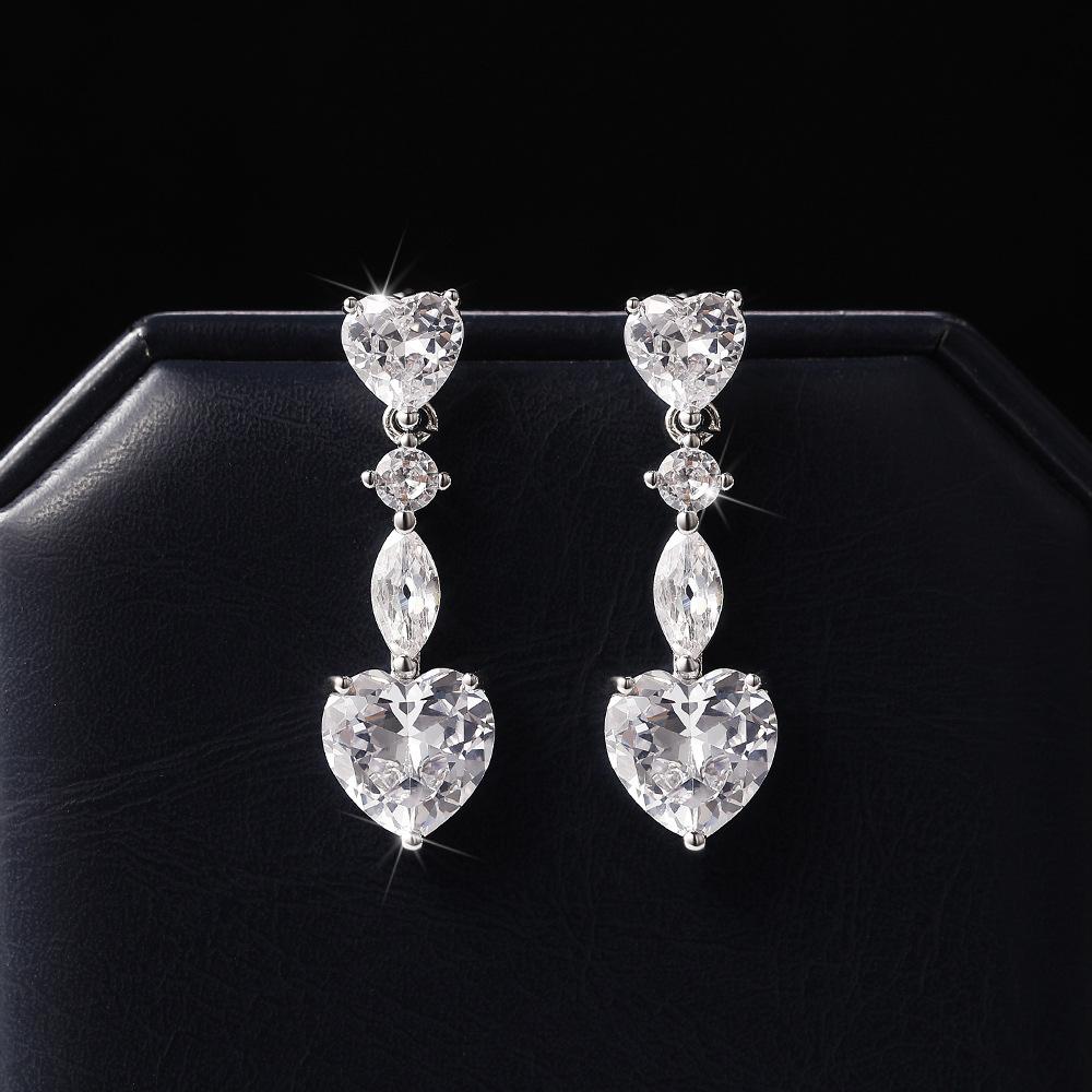Trendy Elegant Created Red Heart Zircon Earrings  Silver Needle String Statement Drop Earrings for Women Wedding Party Gift