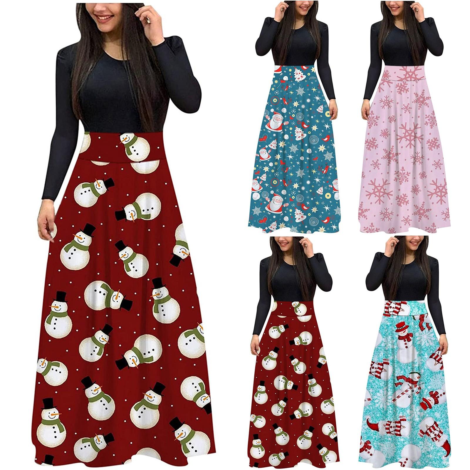 

Модные женские повседневные рождественские принты с длинными рукавами и круглым вырезом, свободные длинные платья