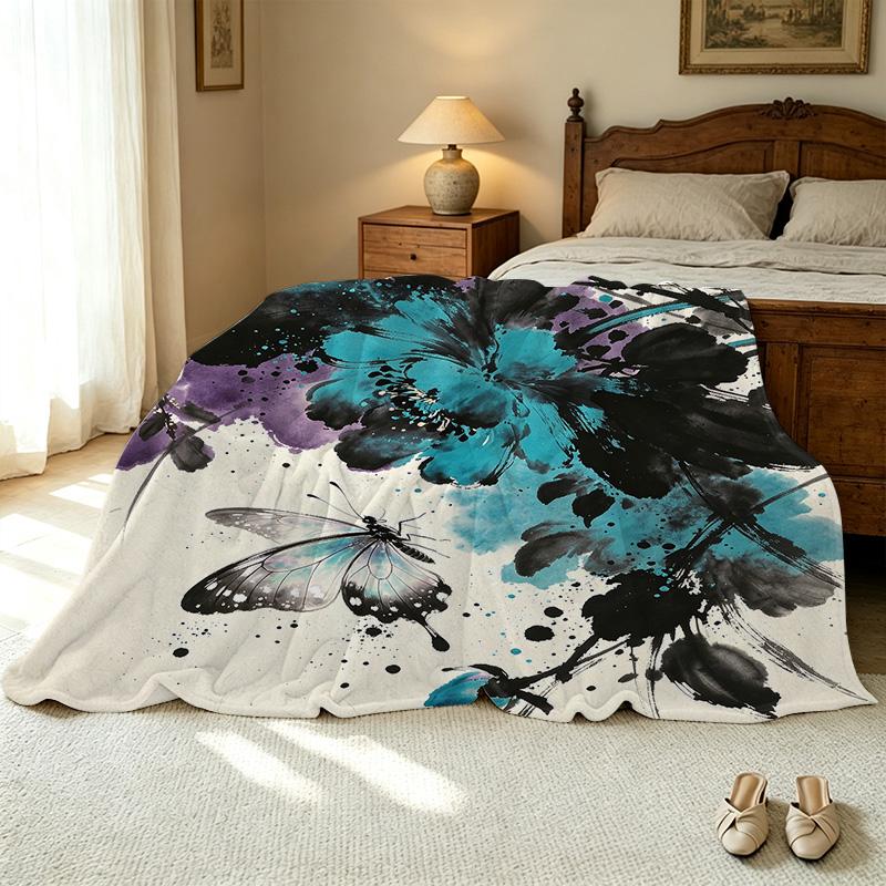 Soft Flannel Throw Blanket Lightweight, Warm Cozy, Floral Butterfly Print, Perfect for Home, Bay Window Decor, Christmas & Halloween