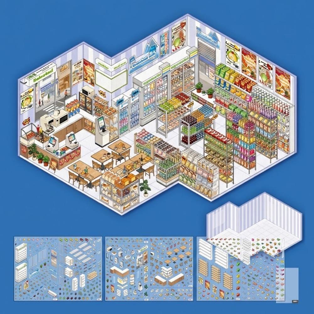 

Convenience Store Series Miniature Landscape Sticker DIY Large Size Cabin Scene Sticker Stress Relief Cartoon Toy Game Stickers синий