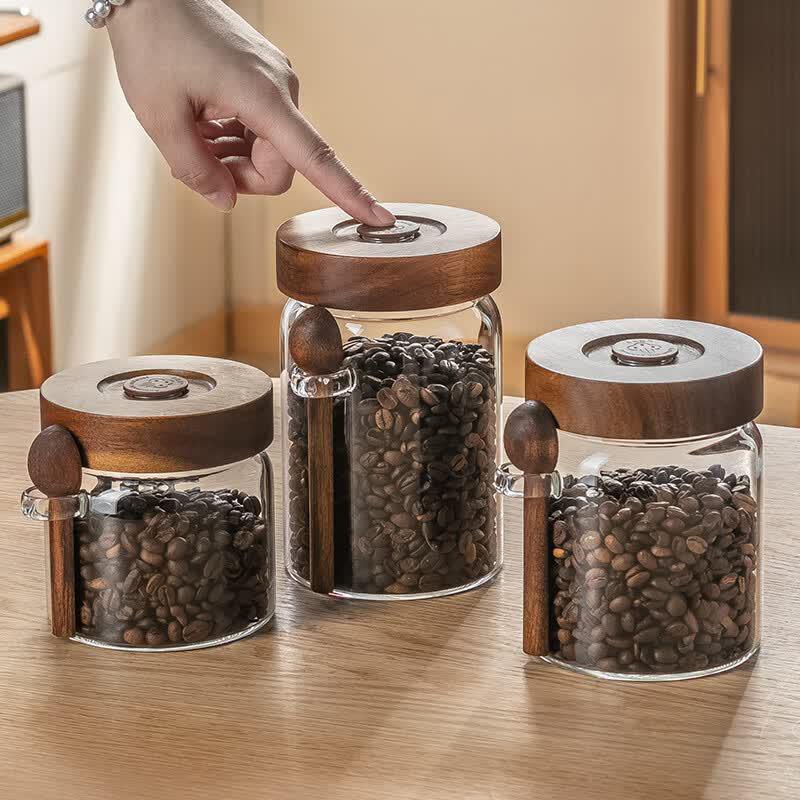 Automatic Exhaust Glass Storage Jar for Coffee & Tea with Spoon