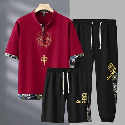 Men's Plus Size Chinese Style Quick-Dry Summer Suit - Three-Piece Set with Lapel, Short Sleeves, and Loose Casual Trousers