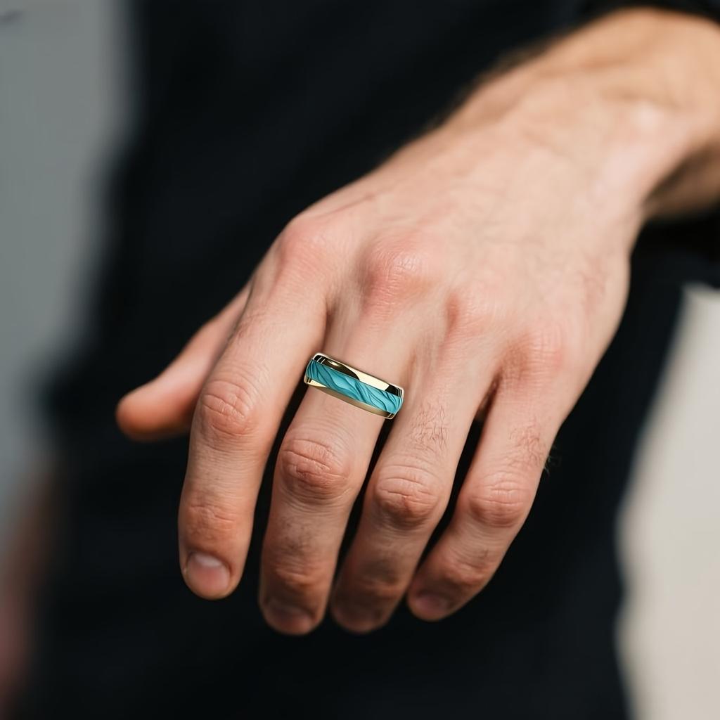 Unique Turquoise Stone Inlay Gold Color Steel Ring  Engagement Wedding Band Jewelry Ocean Style Stainless Steel Ring