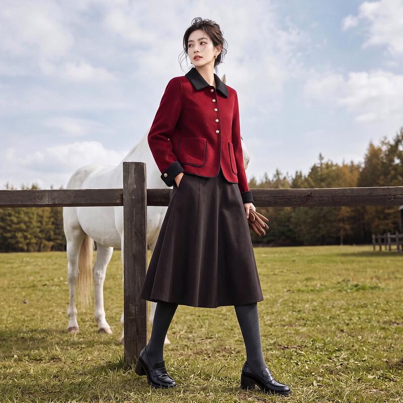 Qianbainian Women's Wool-Blend Color-Block Lapel Double-Faced Coat