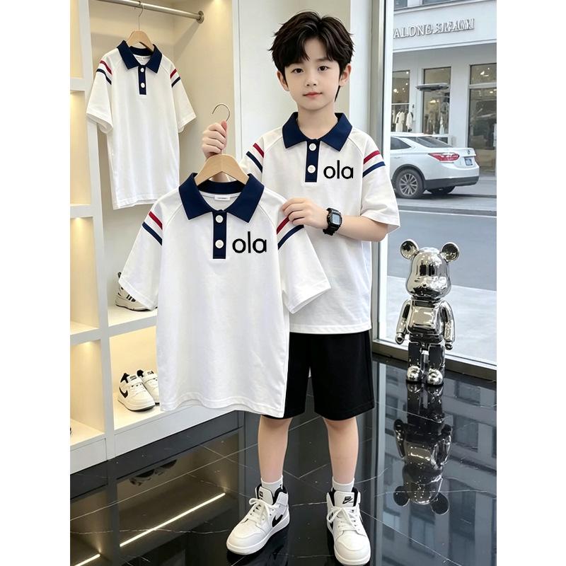 Korean Style Boys' Cotton Lapel Short-Sleeve T-shirt Set - Summer Casual Patchwork Polo