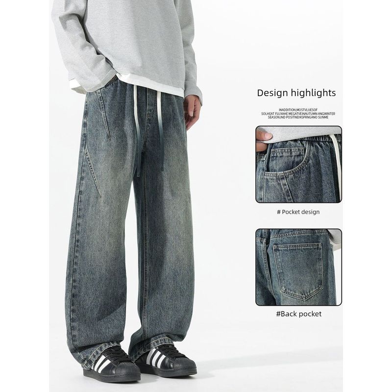 Foreign Trade Surplus American-Style Drawstring Wide-Leg Jeans for Men, Spring Trendy Brand Loose Straight High-Waisted Drapey Floor-Length Pants
