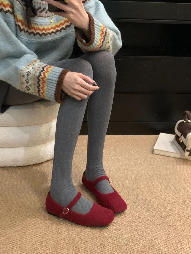 2025 Autumn and Winter New Versatile Square Head with Mary Jane Shoes Fluffy Shoes Women's Flat Bottom Shallow Mouth Velvet Single Shoes Women