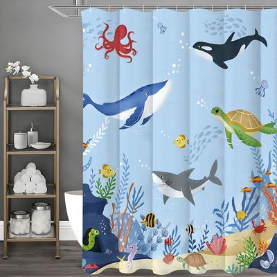Underwater World Cartoon Whale Turtle Octopus Coral Shower Curtain, Bathroom Decorative Shower Curtain, Waterproof Shower Curtai
