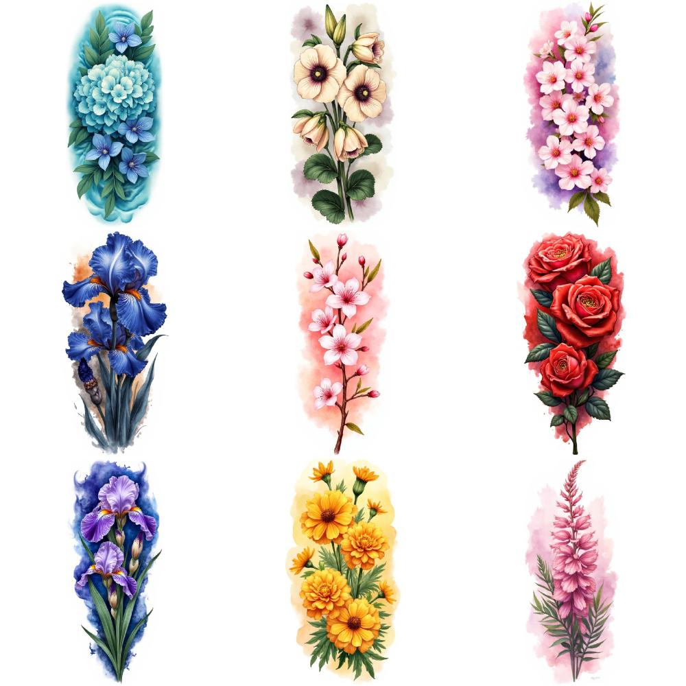 9pcs Temporary Tattoo Colorful Realism Beautiful Flora Watercolor Flowers Colorful Blooms For Shoulders Back Adult