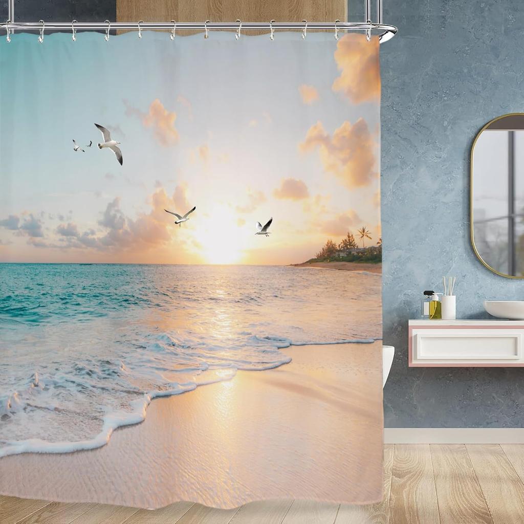 Miyotaa Beach Coastal Shower Curtain Set 60Wx71H Inches Sea Ocean Sunrise Sunset Scene Wave Seagull Hawaiian Seaside Waterproof Bathroom Curtain with