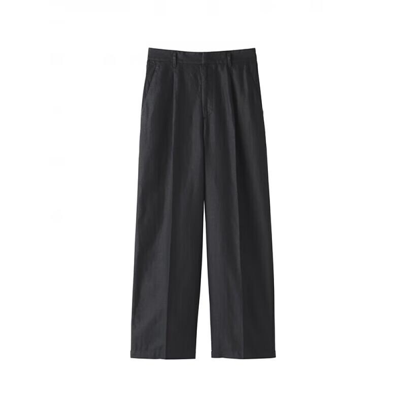 MUJI Women's Hemp Blend Twill Pleated Wide-Leg Pants