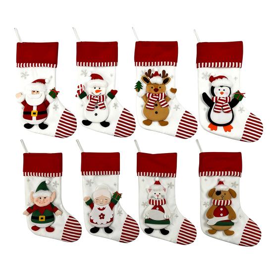 3D Christmas Stocking Santa Snowman Reindeer Cat Dog Pattern Traditional Holiday Hanging Stocking Fireplace Decor