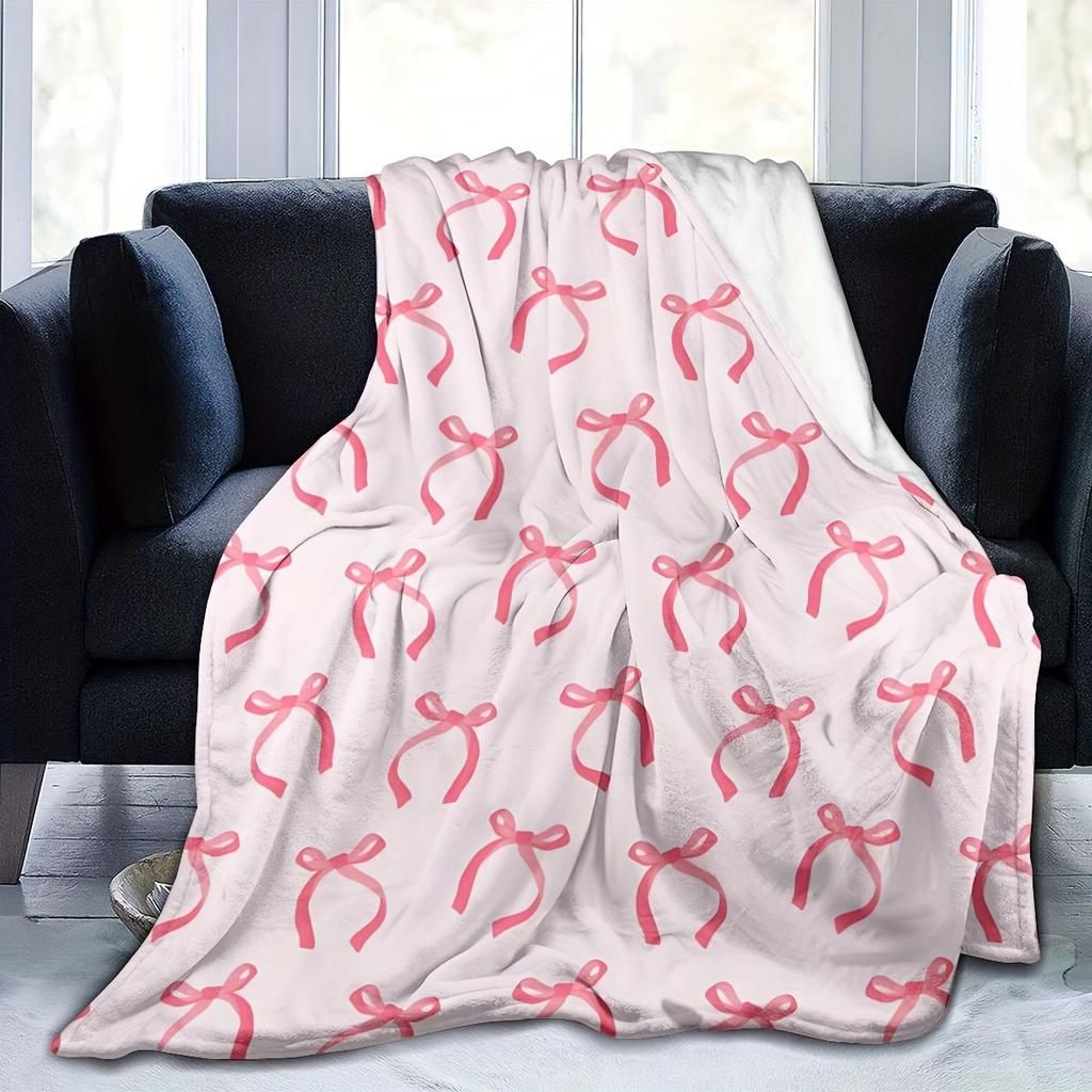 Flannel Blanket Boasting Adorable Pink Bow Print Suitable for Enhancing The Sweetness Of Bedrooms and Cosy Movie Nights Premium