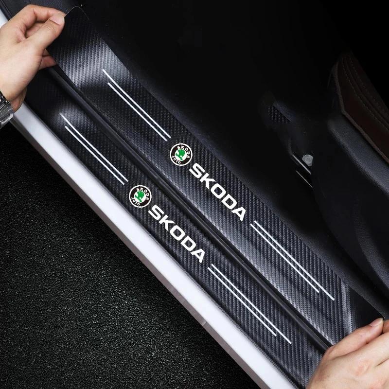 2025 New 1/4/5Pcs Leather Car Door Sill Protector Carbon Fiber Sill Strip For Skoda Octavia Fabia Superb Yeti Enyaq Rapid Kodiaq