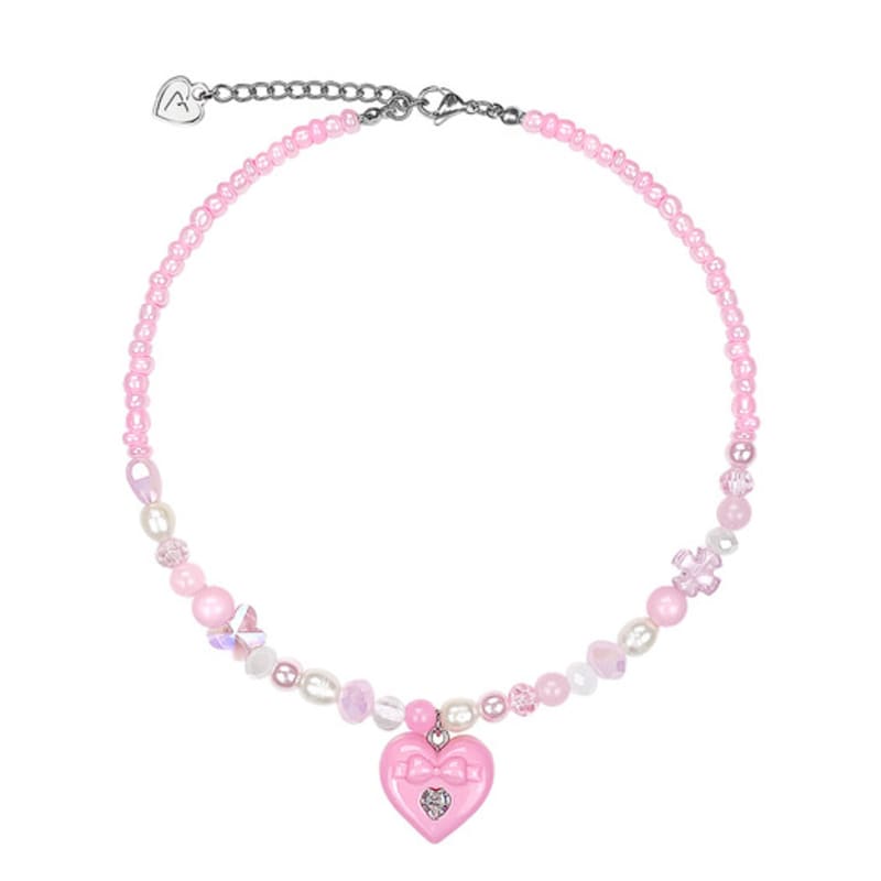 VVV Pink Ribbon Heart Mix Bead Necklace