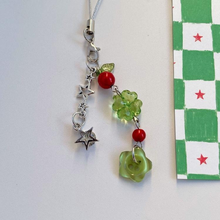 Glücksbringer Schlüsselanhänger mit grünen Vierblättrigen Kleeblatt Perlen Koreanisch Inspirierte Mode Handy-Gurt Zubehör Für Den Täglichen Gebrauch