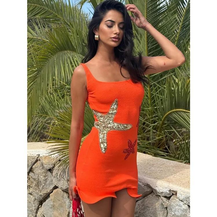 Stunning Shiny Stars Ruffles Hem Knitted Mini Dress Women's Chic Slim Fit Sleeveless Sling Vestidos 2025 Lady Street Gowns New