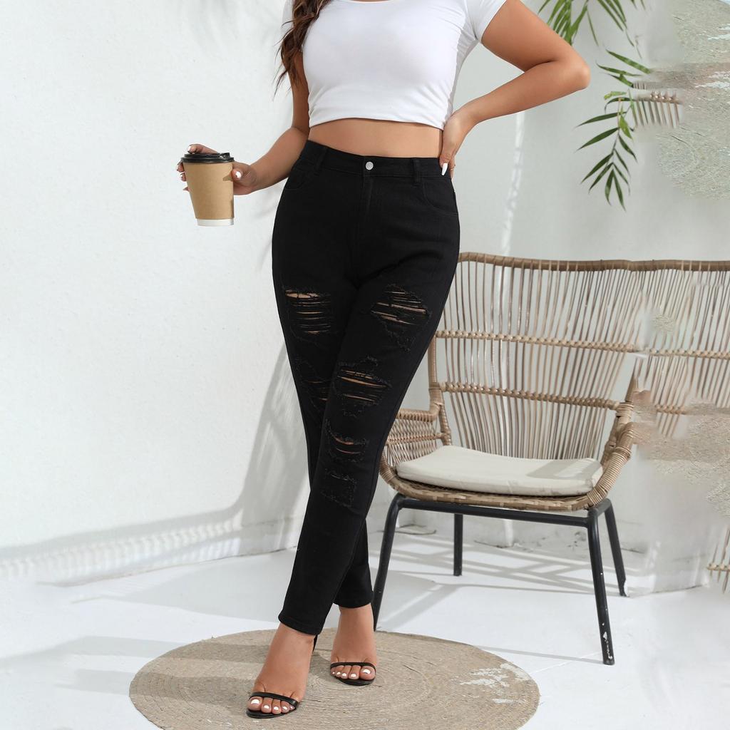 Ladies' Solid Color Casual Pants Versatile Slim Fit Straight Leg Denim Jeans With Holes