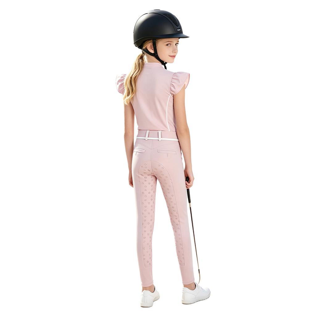 Kids Girls Equestrian Training Set Zip Stand Collar Ruffled Sleeve Contrast Trim Top and Non-slip Full Seat Riding Pants for Competition