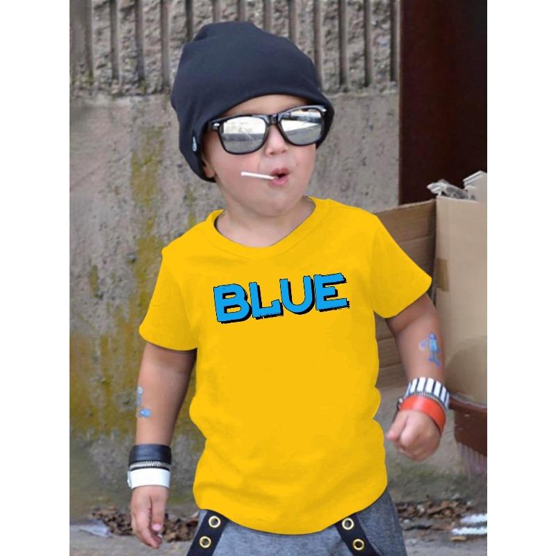 

European Size Boys Round Neck Short Sleeved T Shirt with Unique English Print BLUE 164cm жовтий