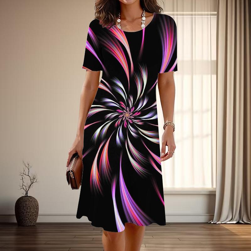 

Женская мода изящный абстрактный принт лето весна короткий рукав О-образный вырез повседневные платья 2XL розовый