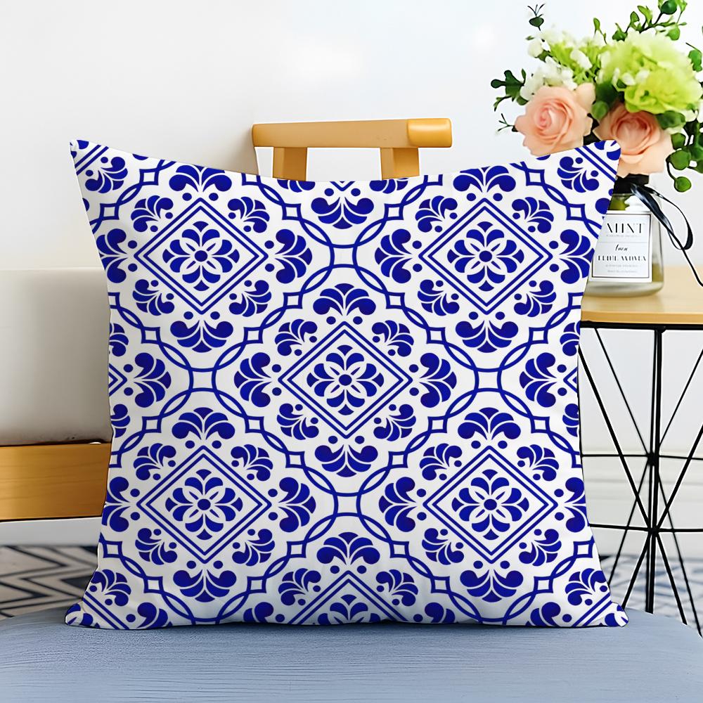 Blue and White Porcelain Cushion Cover Washable Linen Pillowcase Soft for Sofa Bed Cozy Home Room Decor
